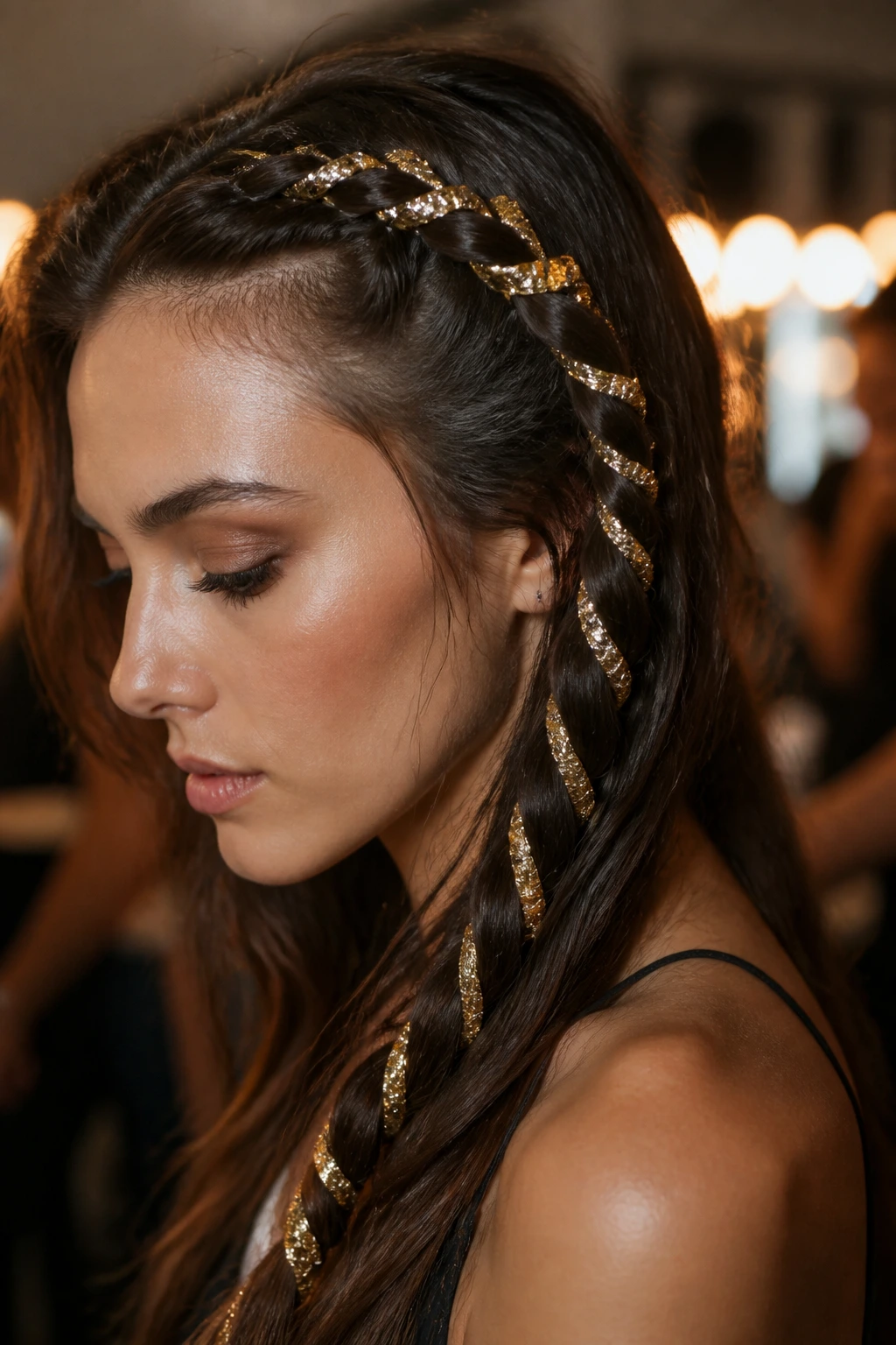 Close-up of a real woman with gold foil hair accents wrapped around strands.