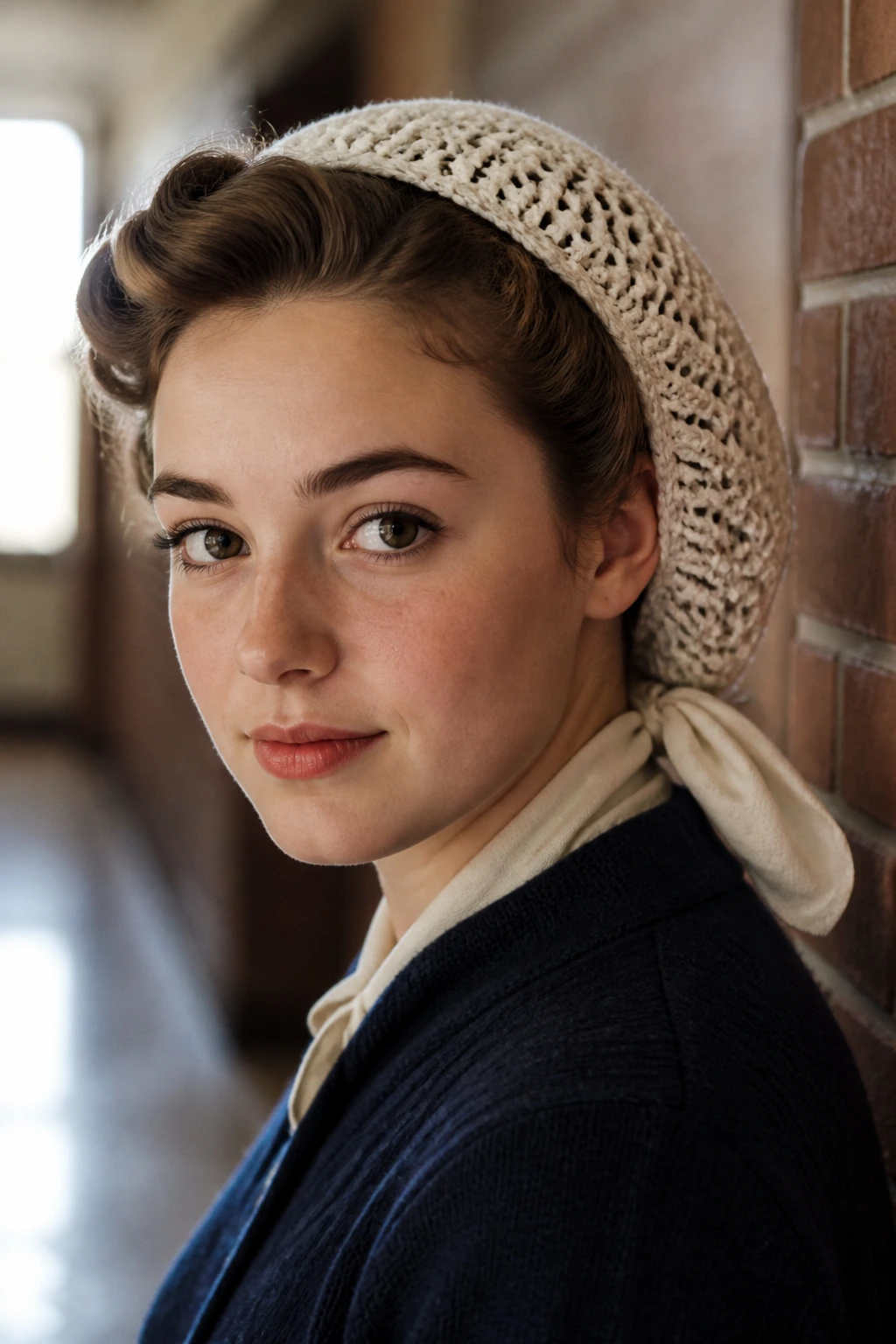 Close-up of a real student wearing a snood and scarf in a school hallway