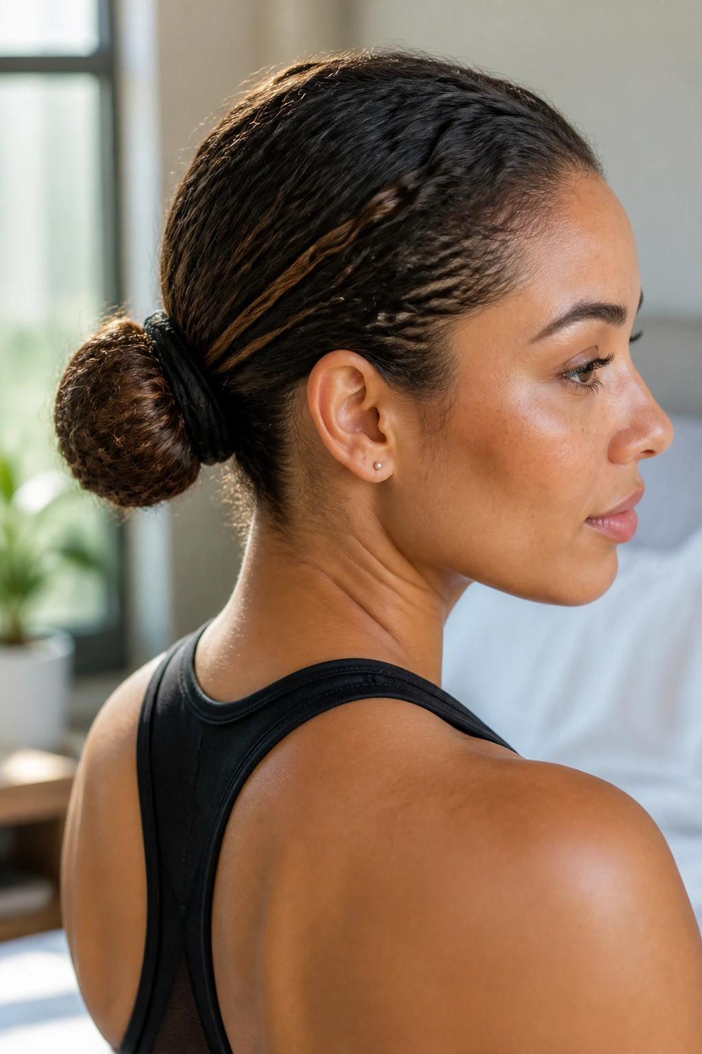 Close-up of a real woman showing a sock bun hairstyle secured with a fabric tube