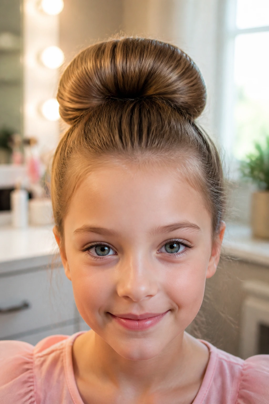 Front-facing close-up of a real girl's high-volume sock bun