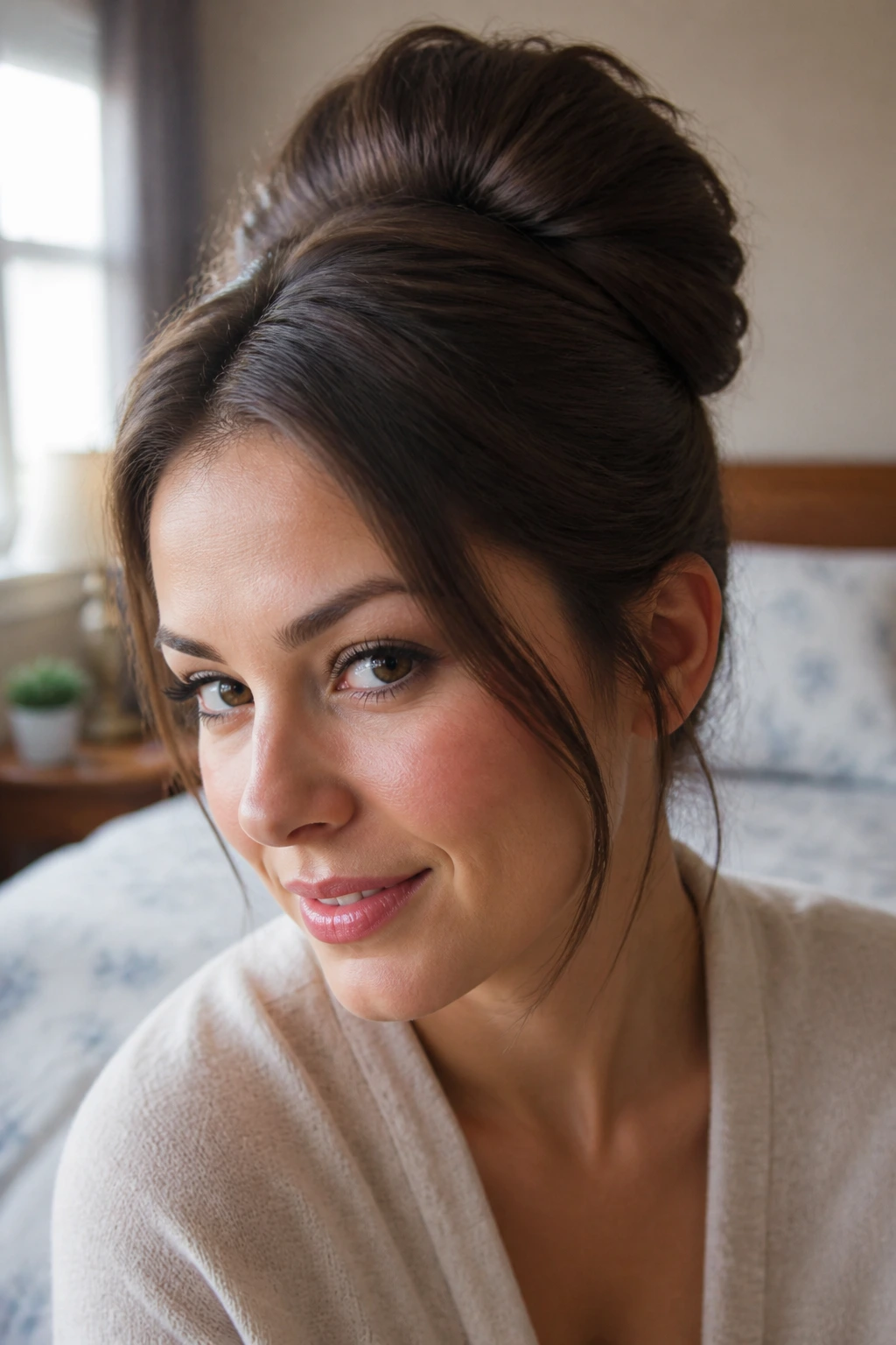 Close-up portrait of a real woman with sock-donut beehive pinned at crown