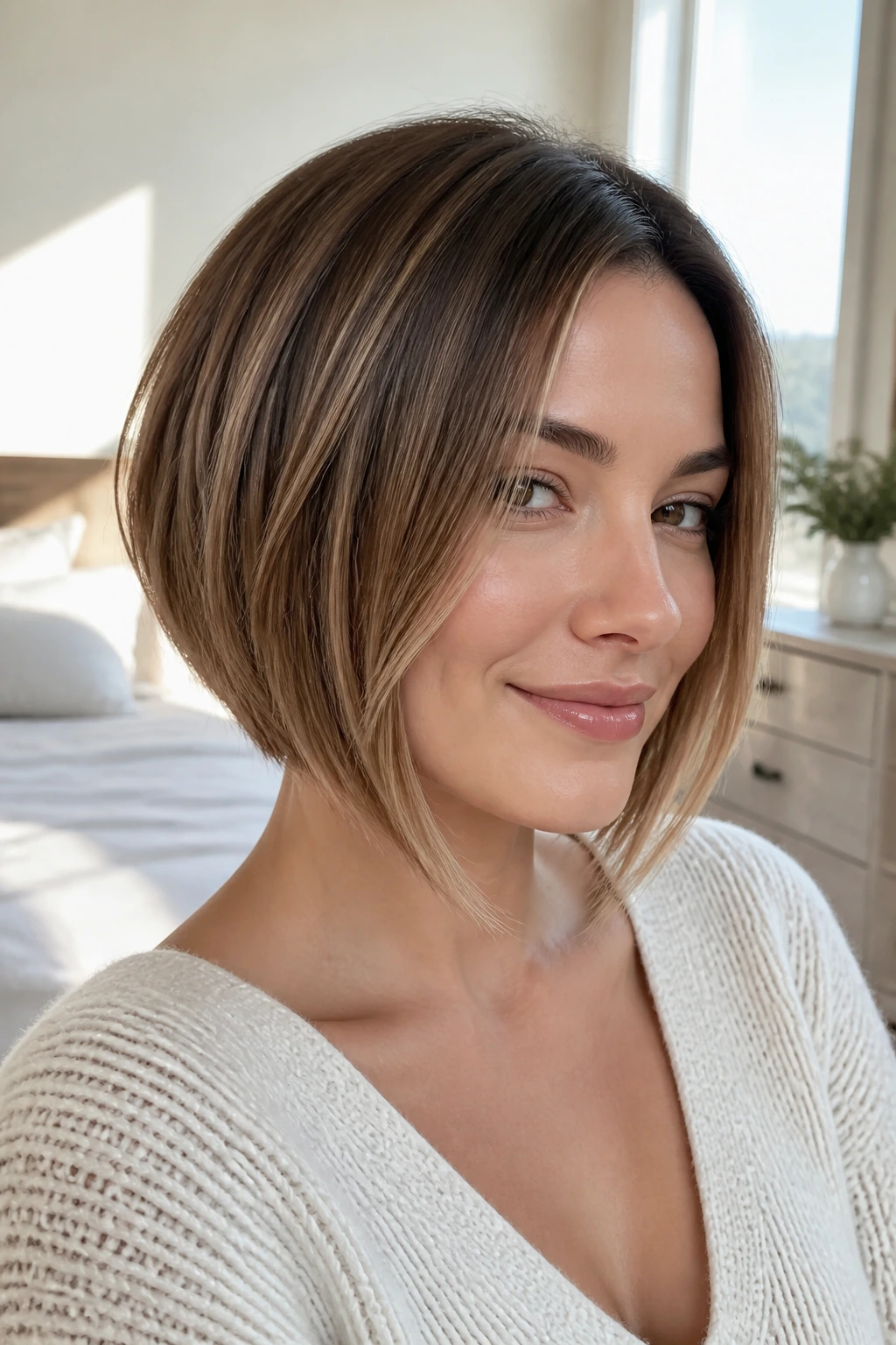 Real woman with soft A-line bob in sunlit bedroom