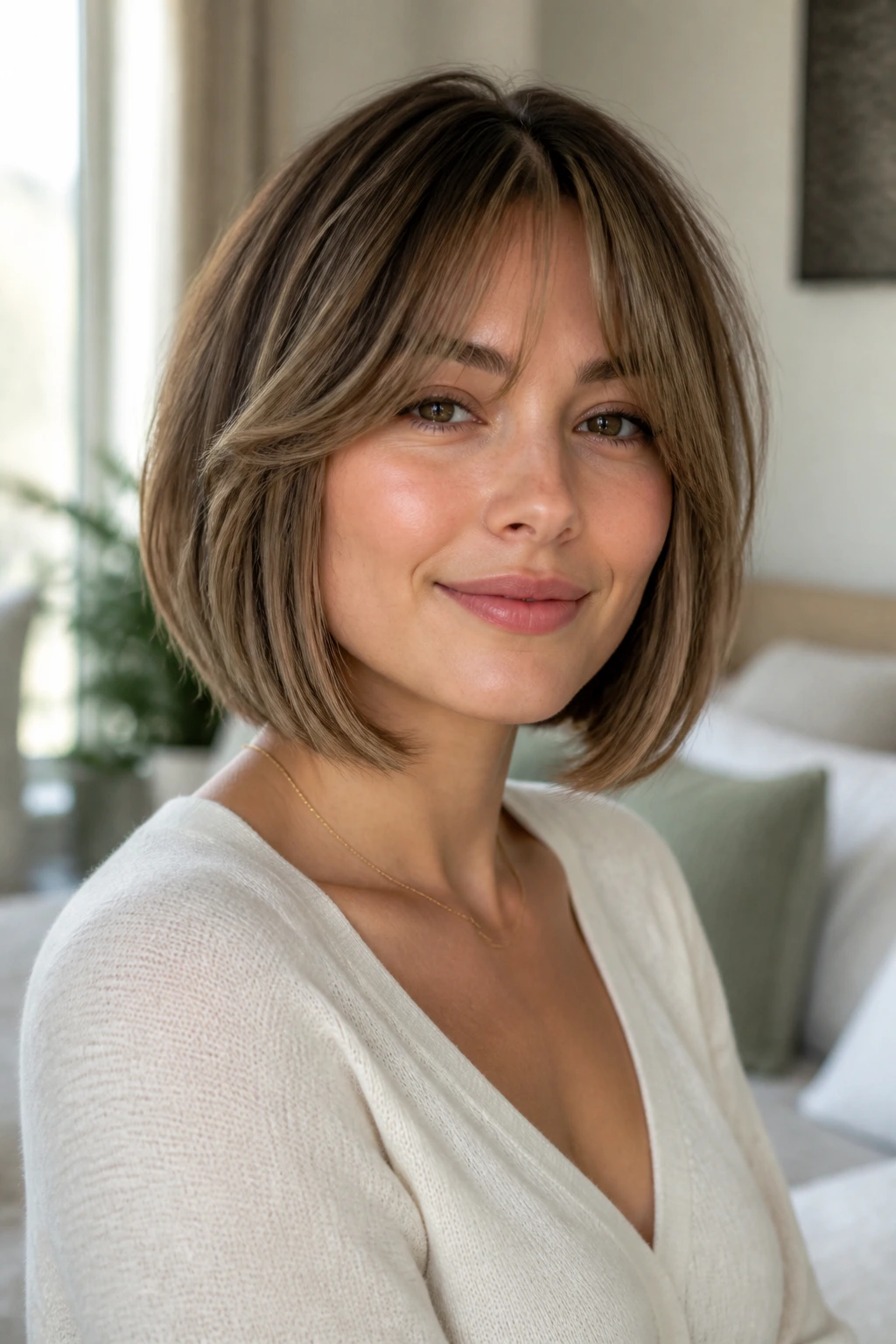 Close-up portrait of a real woman with a soft-angle bob and curtain bangs in a bright bedroom