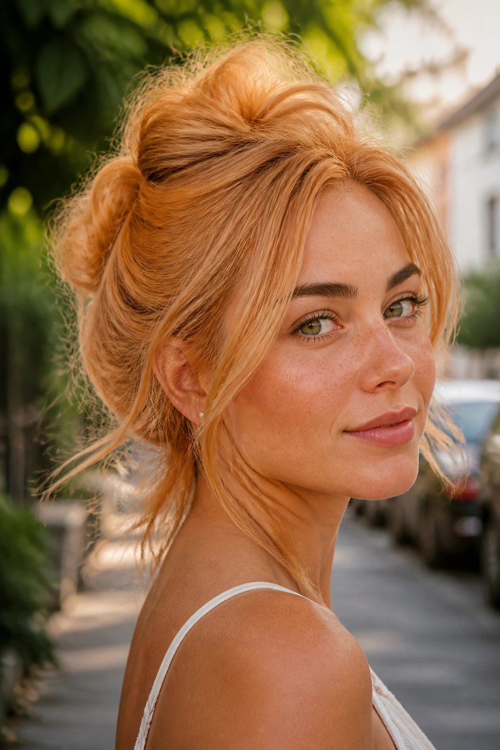 Close-up portrait of a real woman with soft apricot hair outdoors