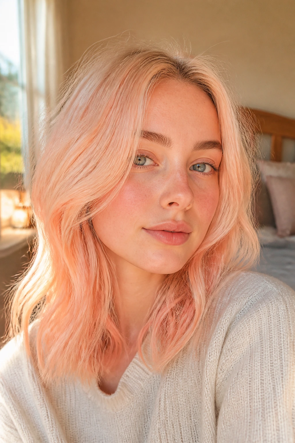 Close-up portrait of a real woman with soft apricot pastel hair in sunlit bedroom