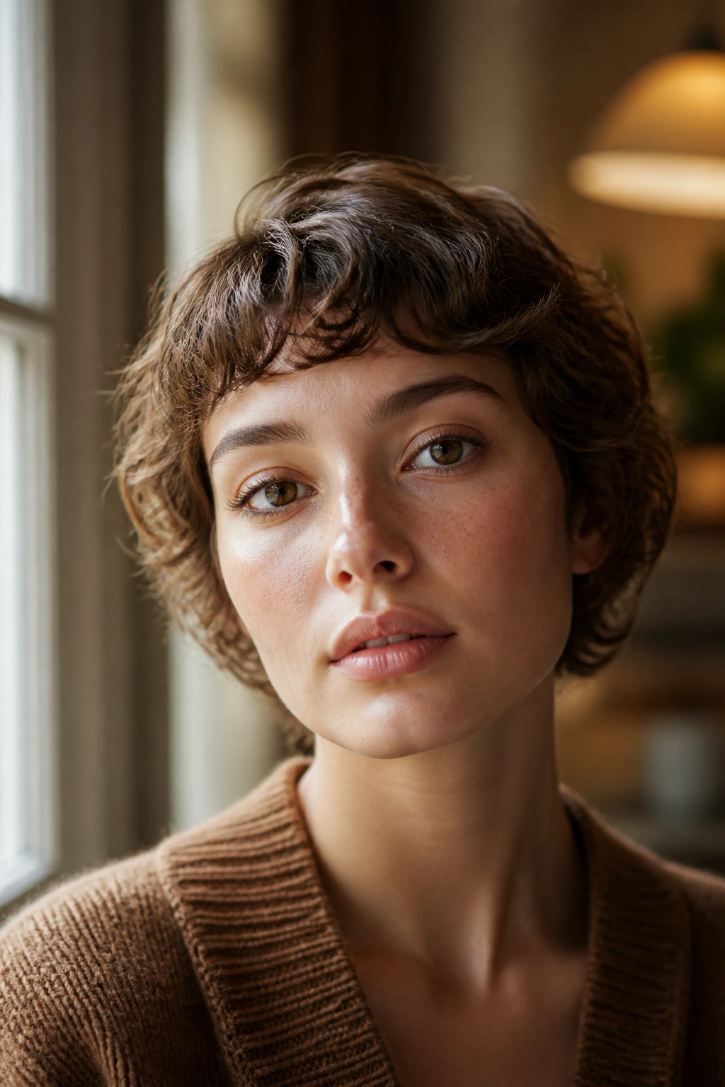Close-up of a woman with soft baby waves bangs above the eyebrows in warm light.