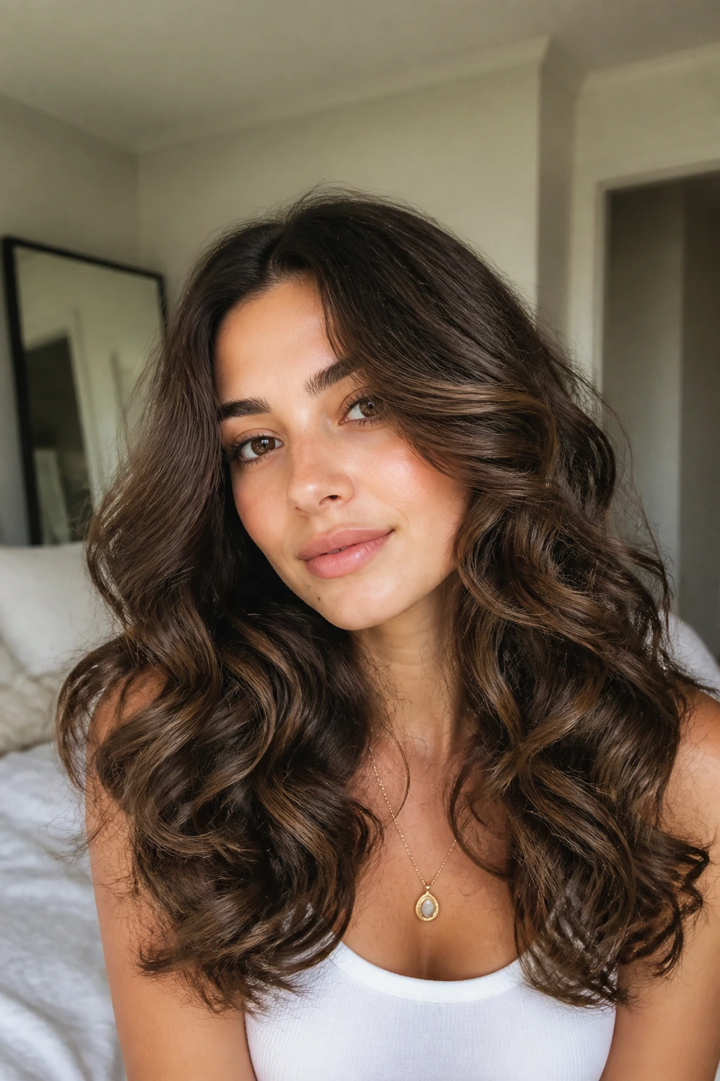 Close-up of a person with soft, loose barrel curls and a middle part in bright bedroom light
