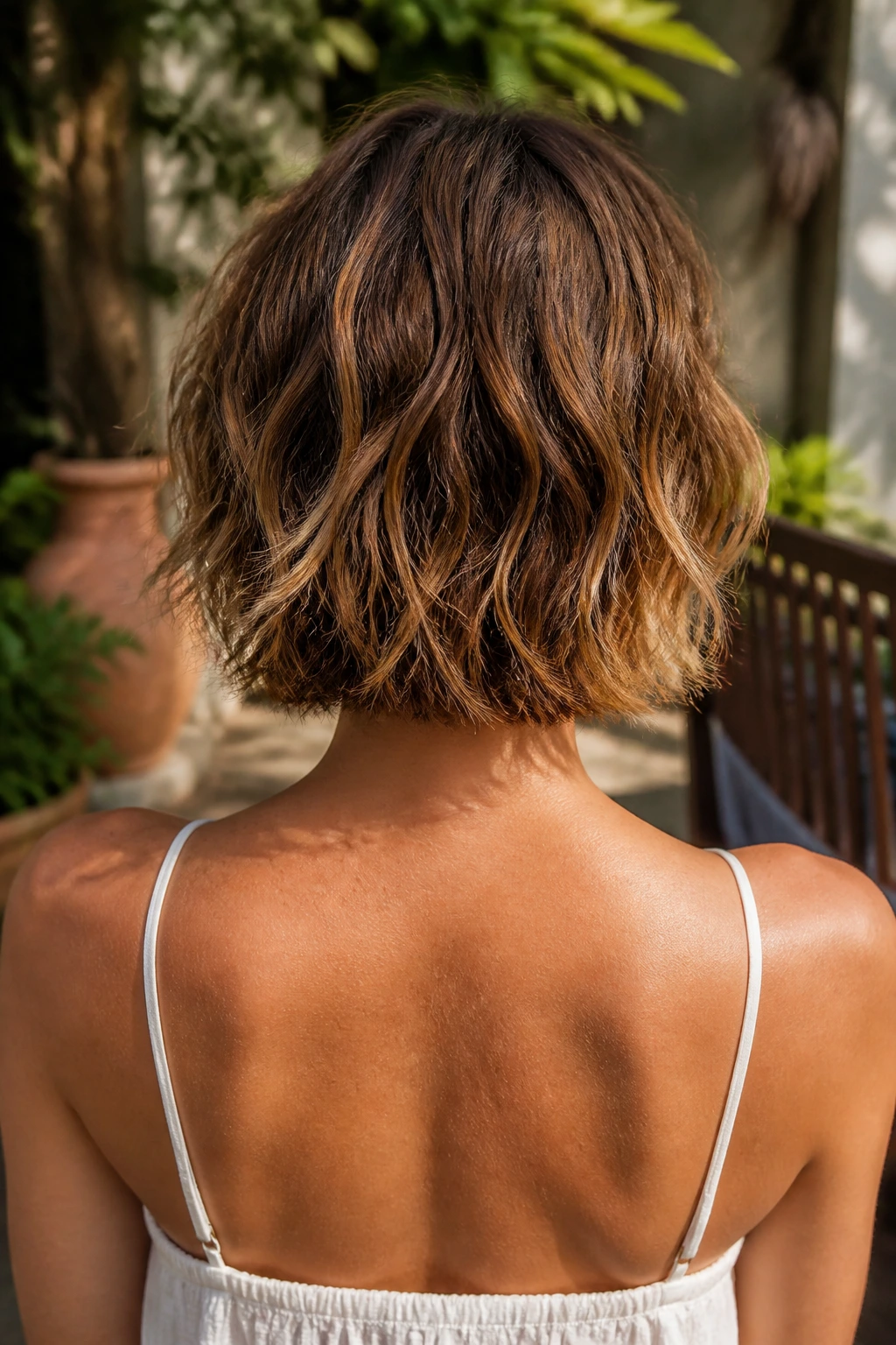 Back view of a real woman with a textured, uneven beach bob and natural waves