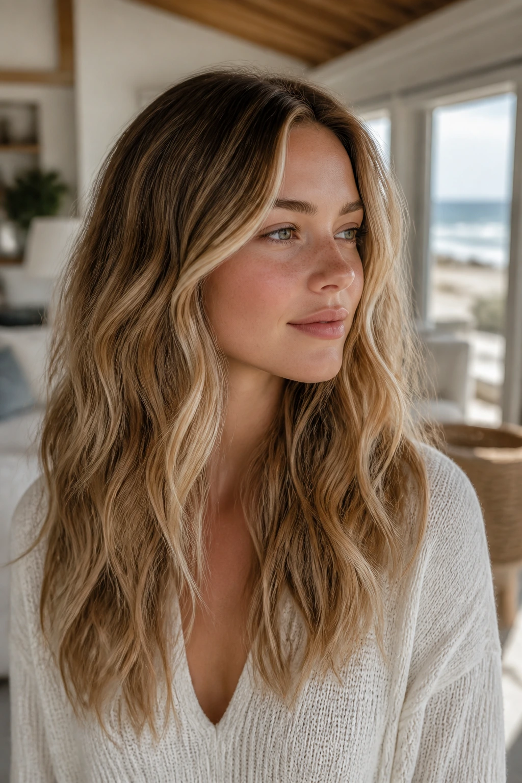 Close-up of a real person with soft beach waves under natural light.
