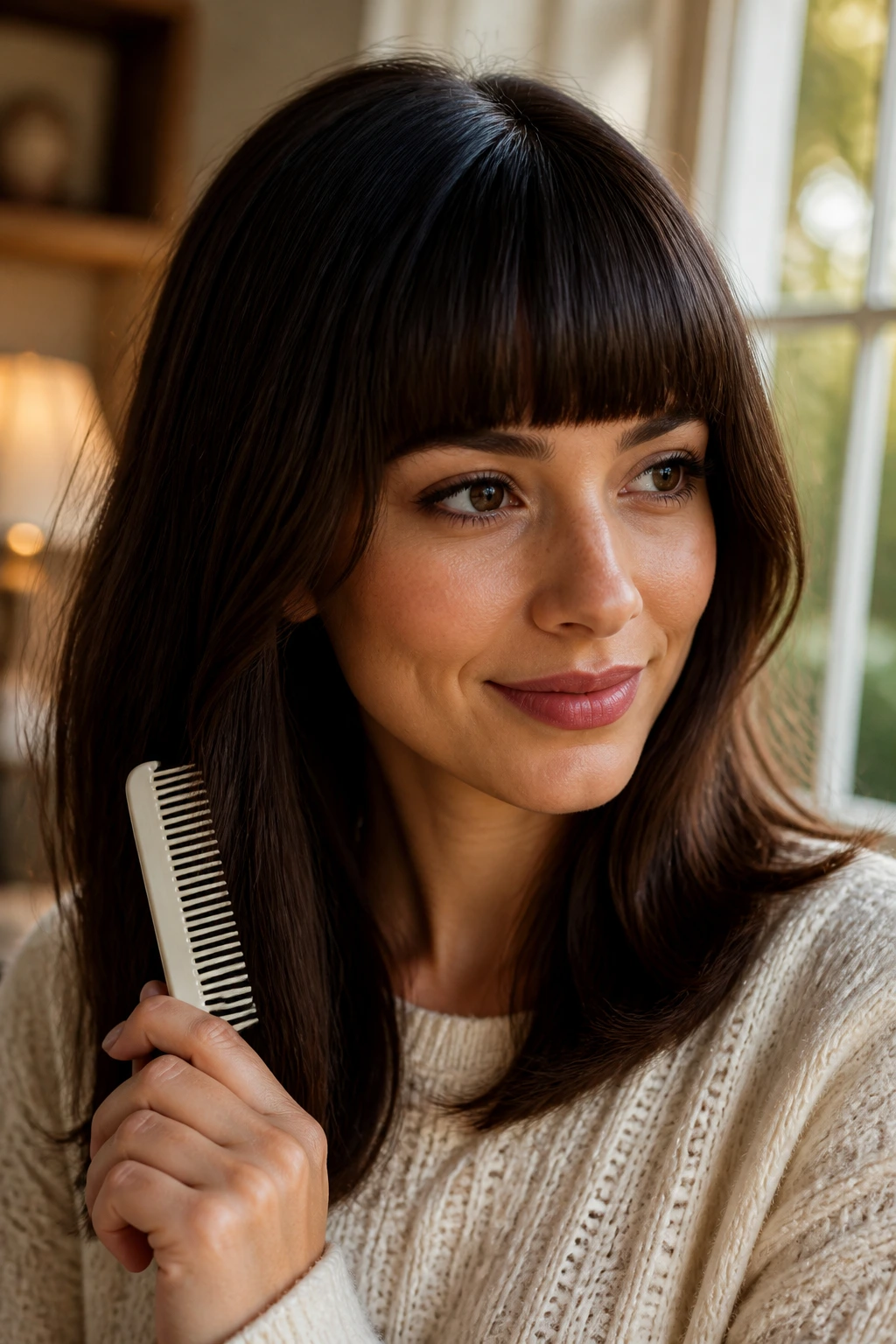 Close-up of a real woman with soft-beveled straight bangs and curved temples
