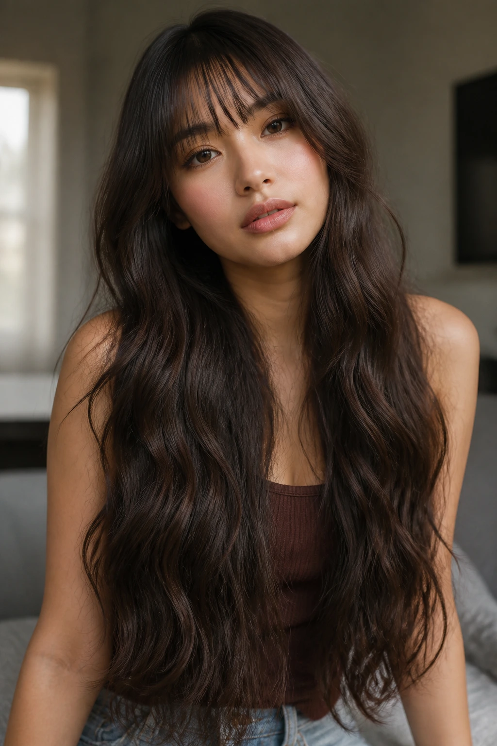 Woman with soft blunt bangs and waist-length waves in natural light.