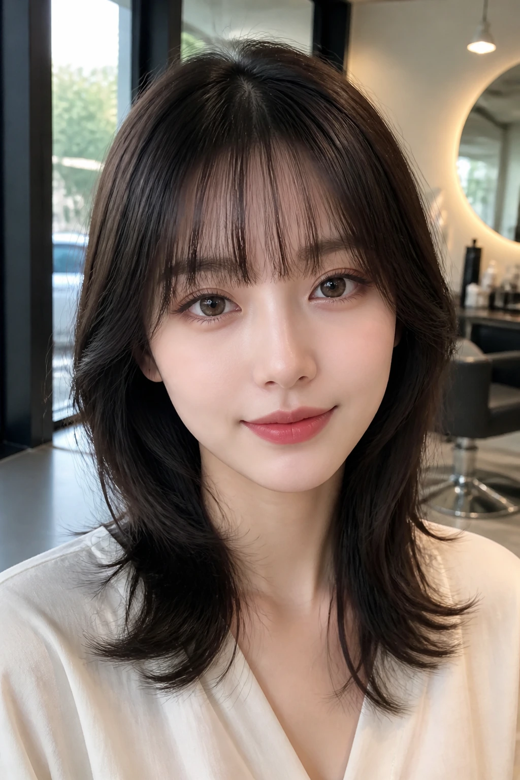 Close-up of real person with soft blunt block bangs and point-cut density under warm salon lighting
