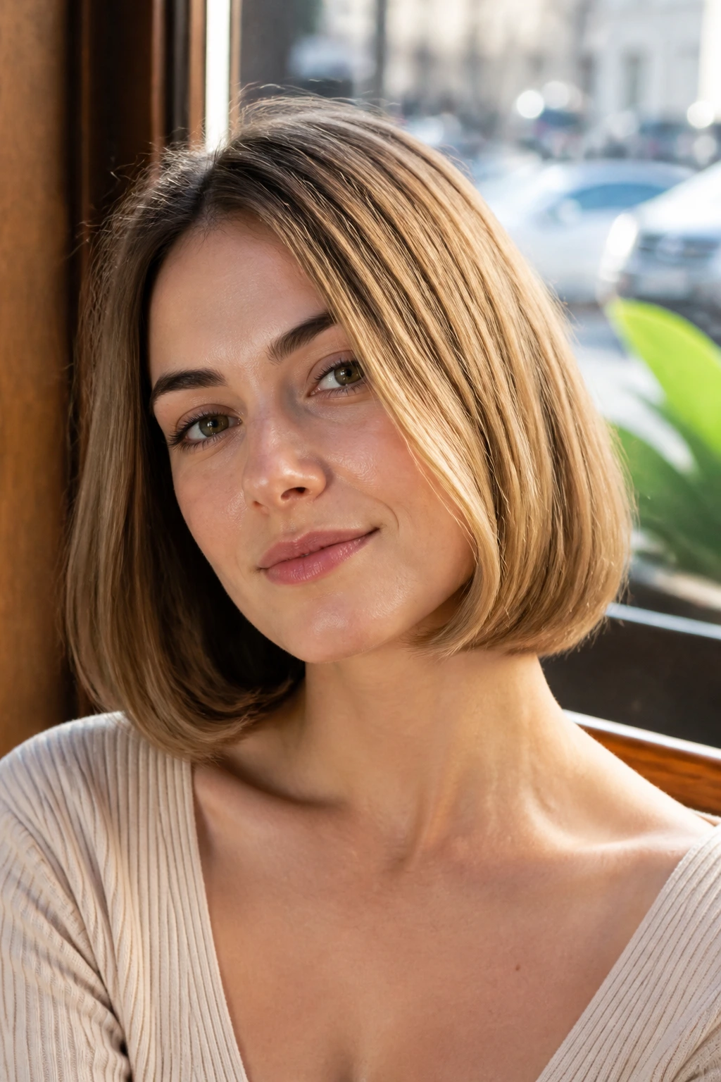 Real woman with soft blunt cut and curled-under ends in natural light