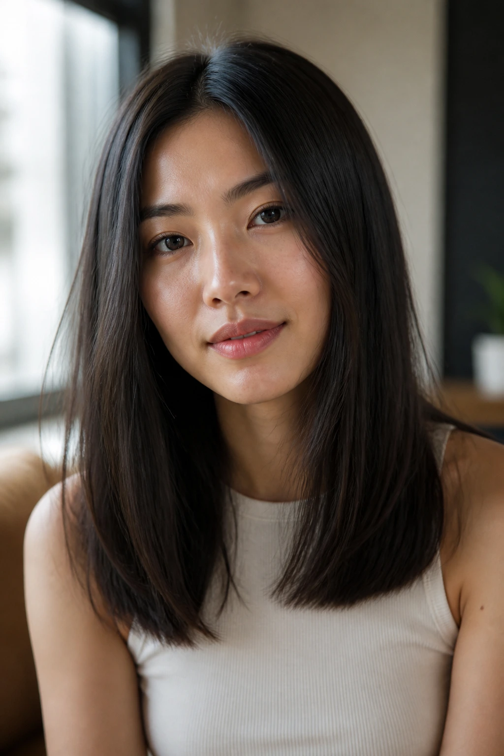 Woman showing a soft blunt-cut hairstyle with textured ends