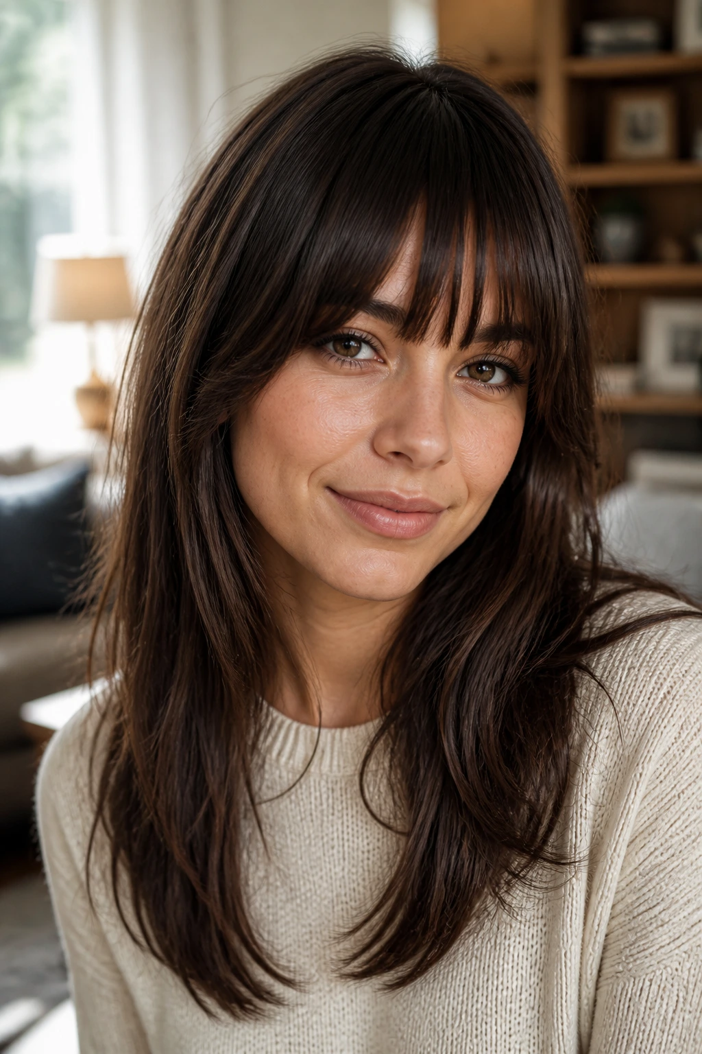 Close-up of a real woman with a soft-blunt long fringe
