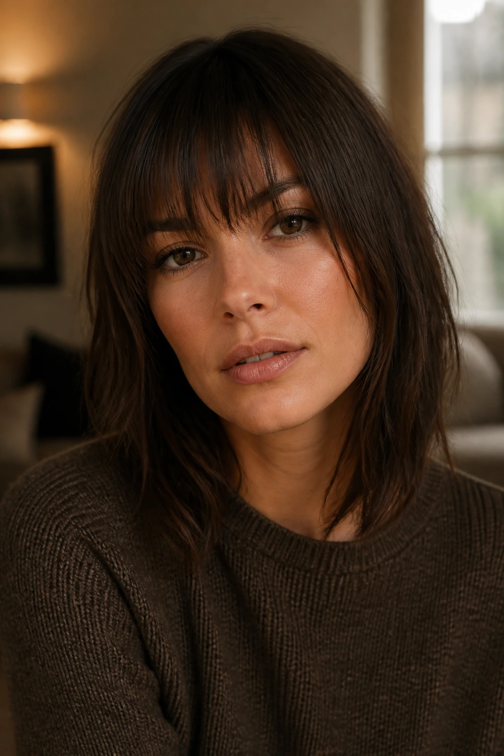 Close-up of Soft Blunt Fringe with Shattered Ends in Dark Chocolate on a real person