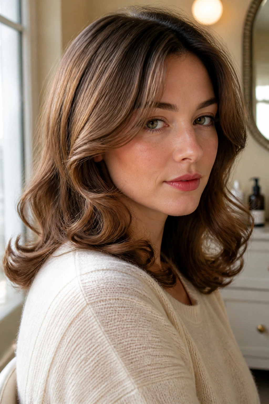 Close-up of a woman with soft brushed curls and face-framing waves by a window
