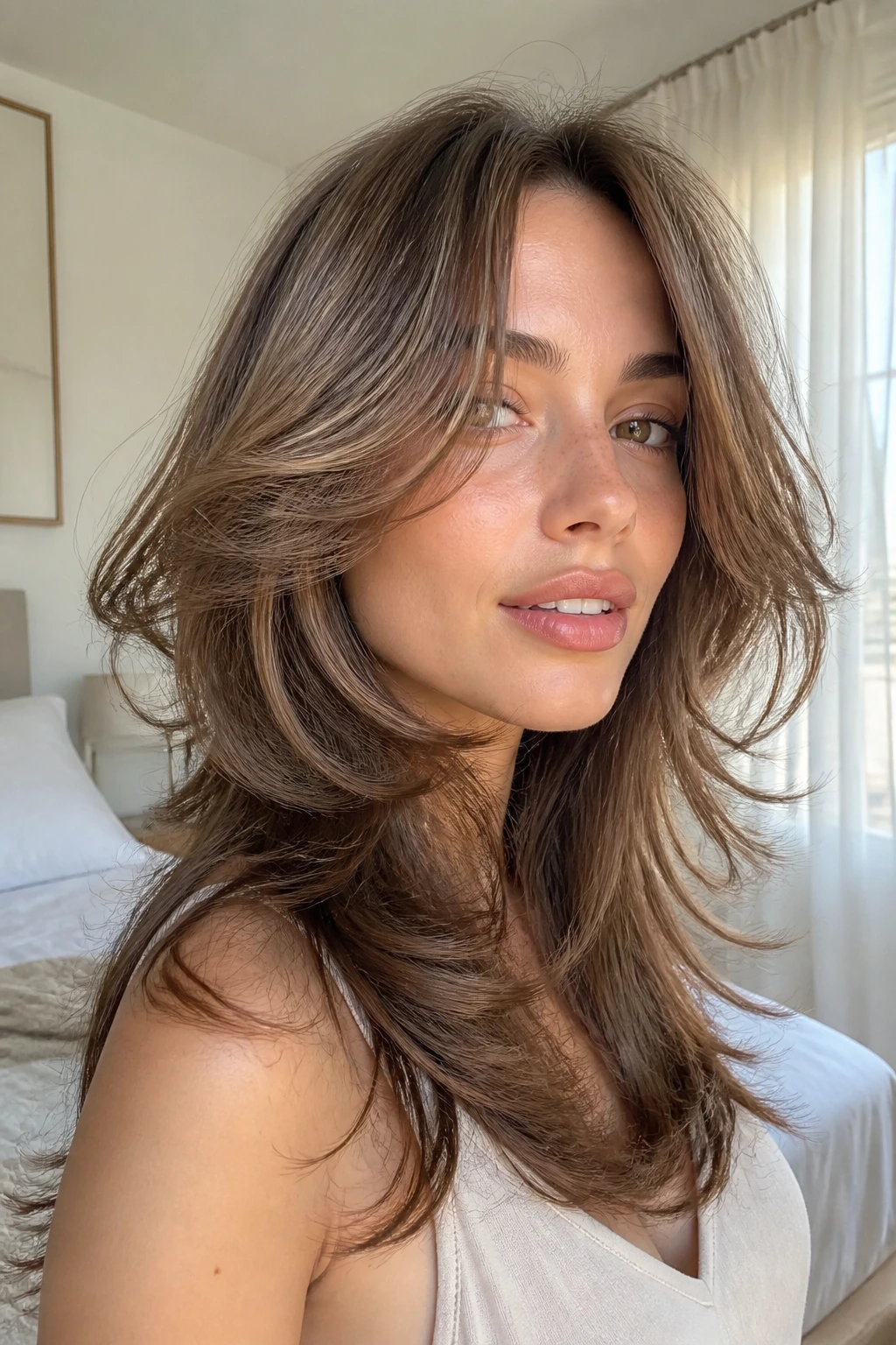 Close-up of a real woman with a soft butterfly cut showing layered wispy ends
