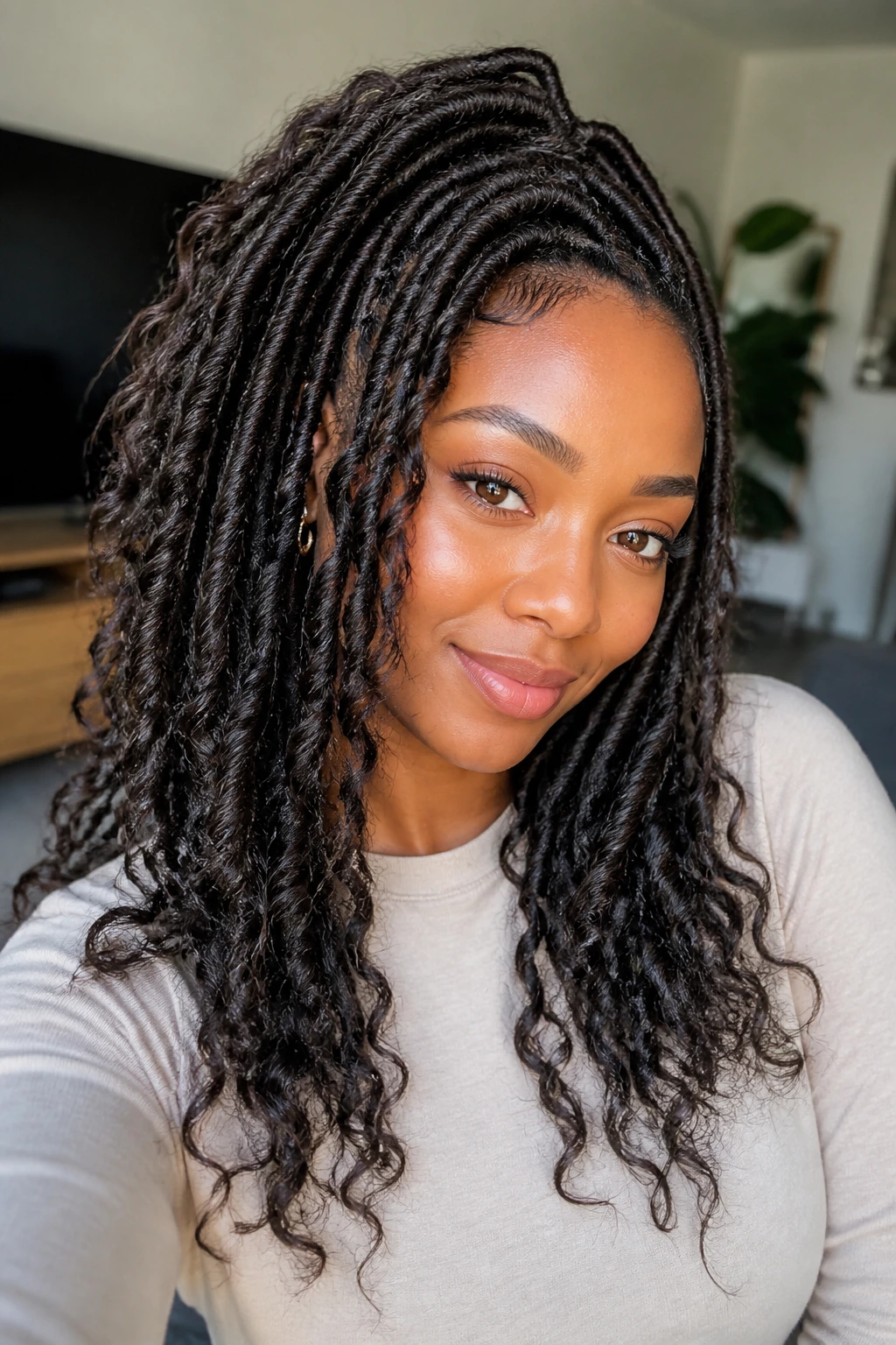 Close-up of a real woman with soft butterfly locs crochet hairstyle