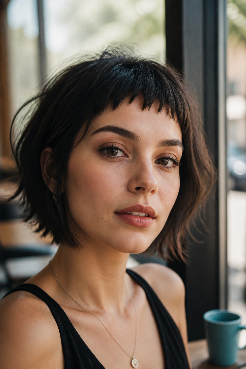 Close-up of a real woman with short, textured baby bangs in bright window light