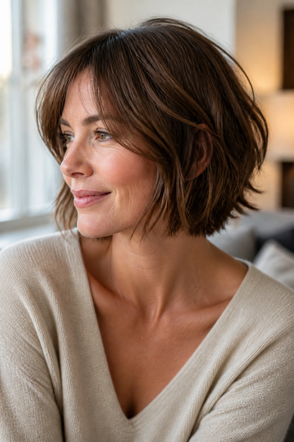 Close-up of a real woman with a soft, choppy bob texture in natural light