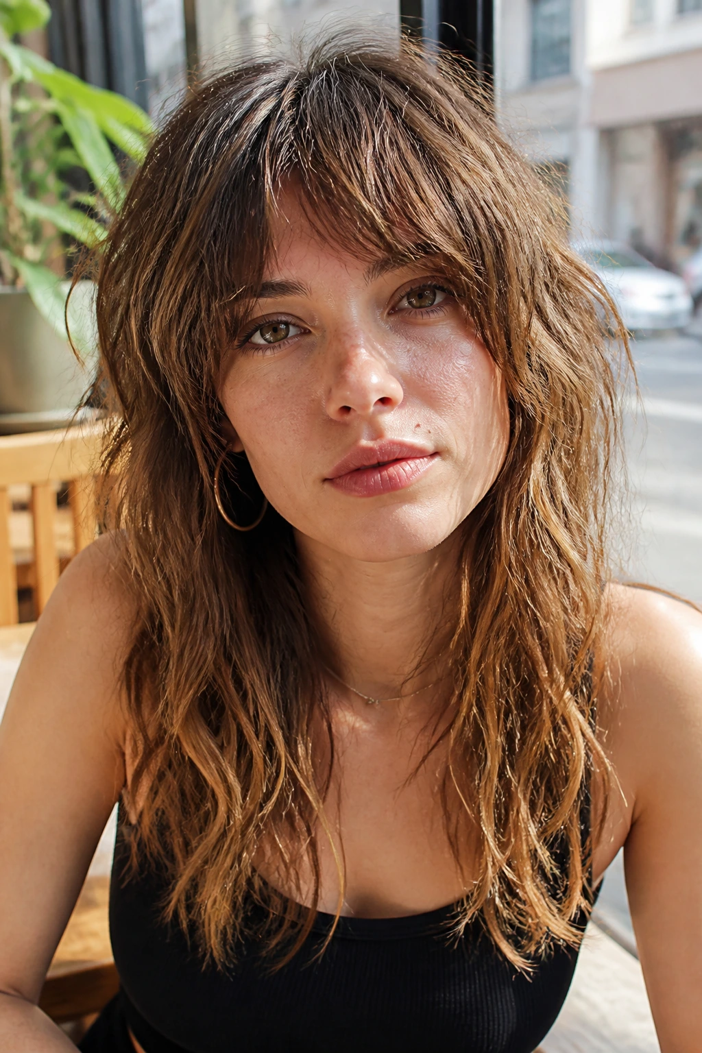 Close-up portrait of a real woman with soft choppy shag bangs and messy textured fringe
