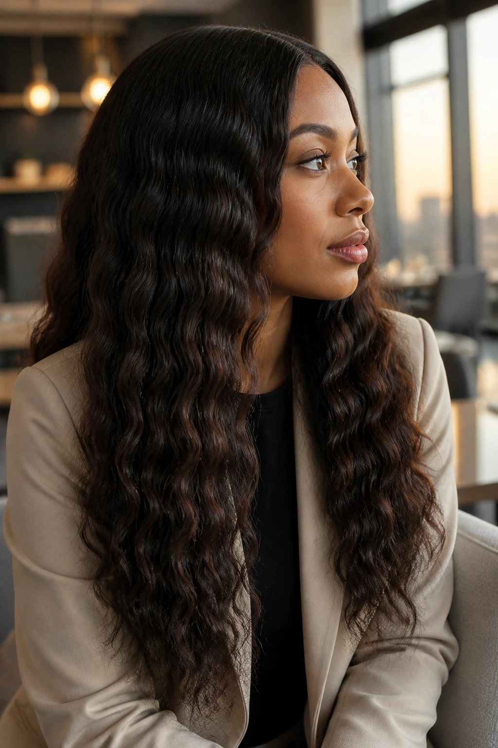 Close-up of a real person with soft crimped beach waves on track-length hair in an office setting.