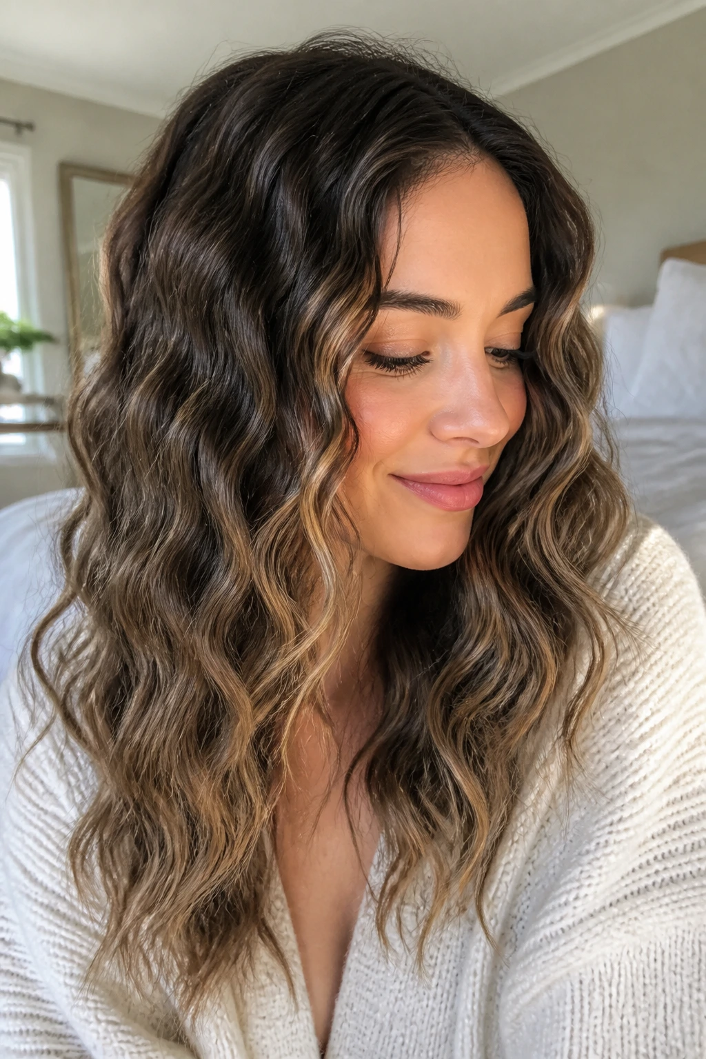 Close-up of a real woman with soft crimped texture hair and subtle S waves under natural window light