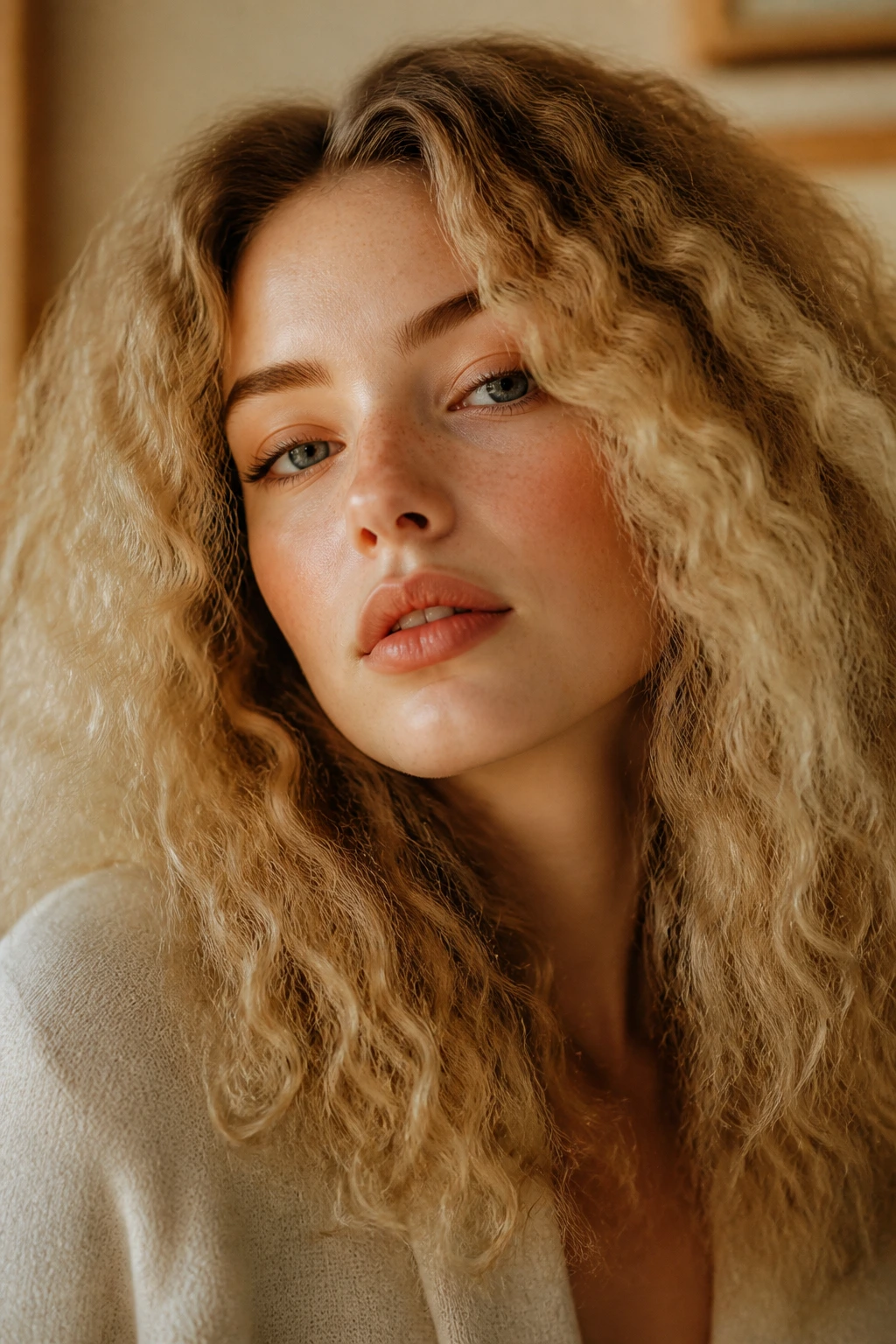 Close-up of a real woman with soft crimped waves brushed out for a cloudlike texture