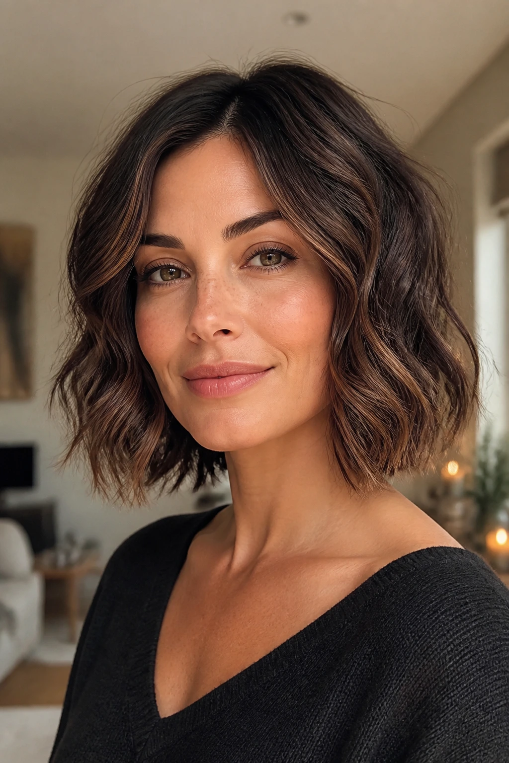 Close-up portrait of a real woman with a soft-curled wob bob.
