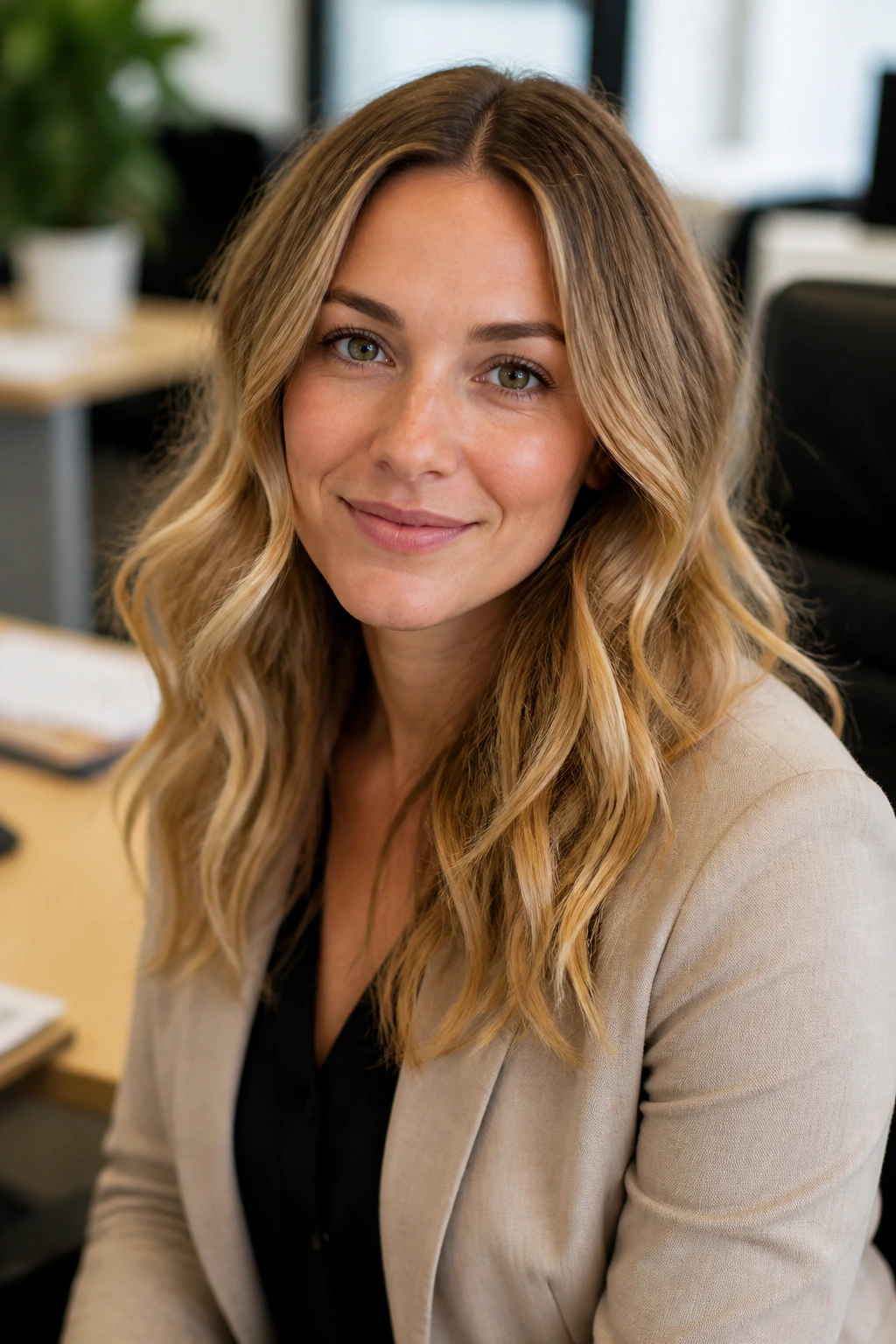 Close-up portrait of a woman with soft beach waves in an office setting.