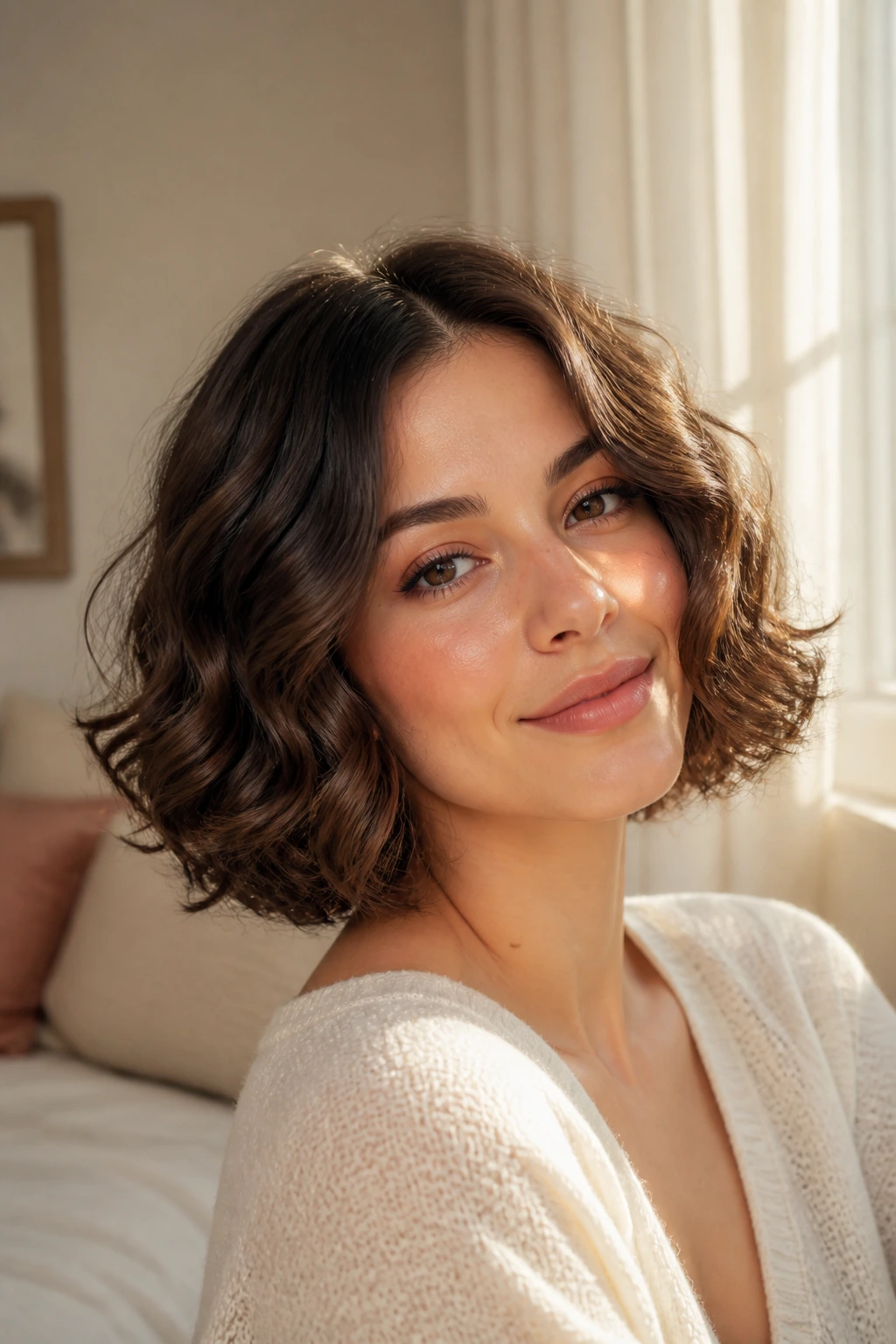Close-up of a real woman with a softly curled bob in warm bedroom light