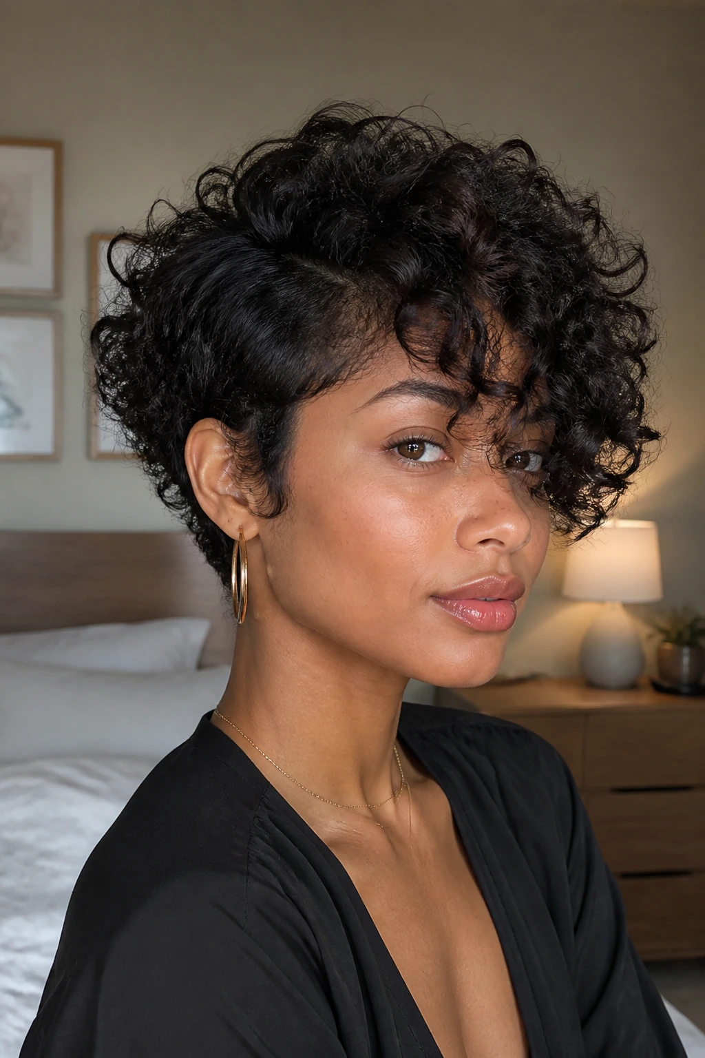 Close-up of a real person with soft-curled pixie-bob under window light