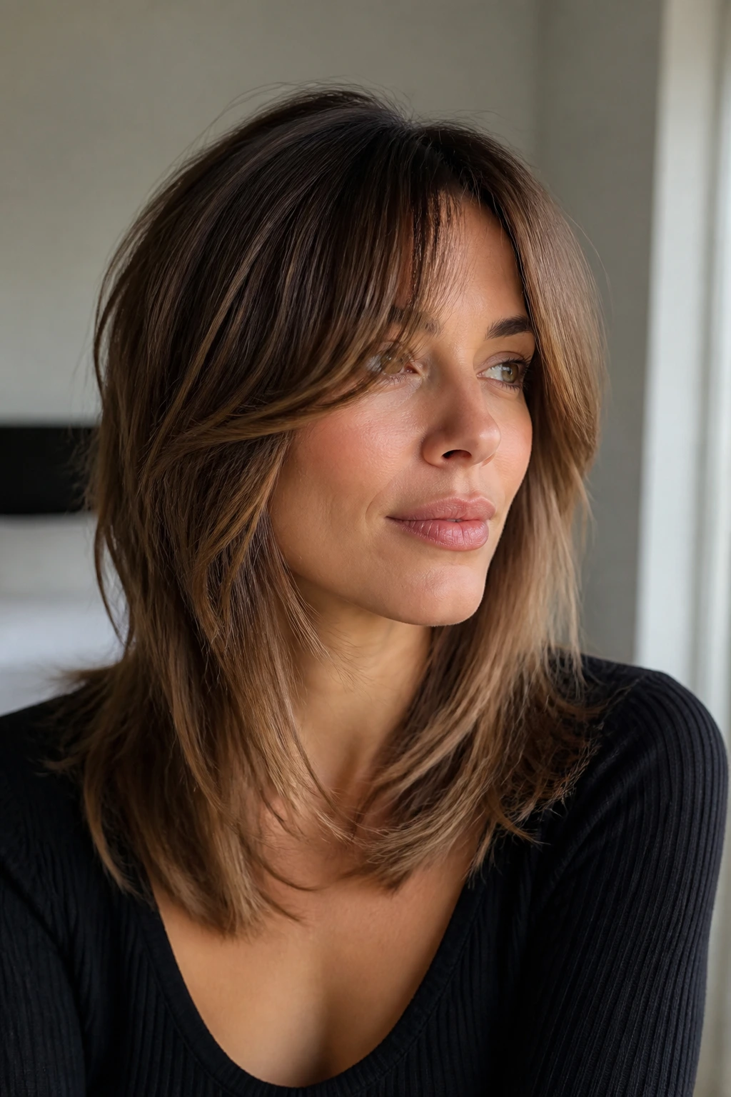 Real woman with soft curtain bangs lob and long layers in natural light