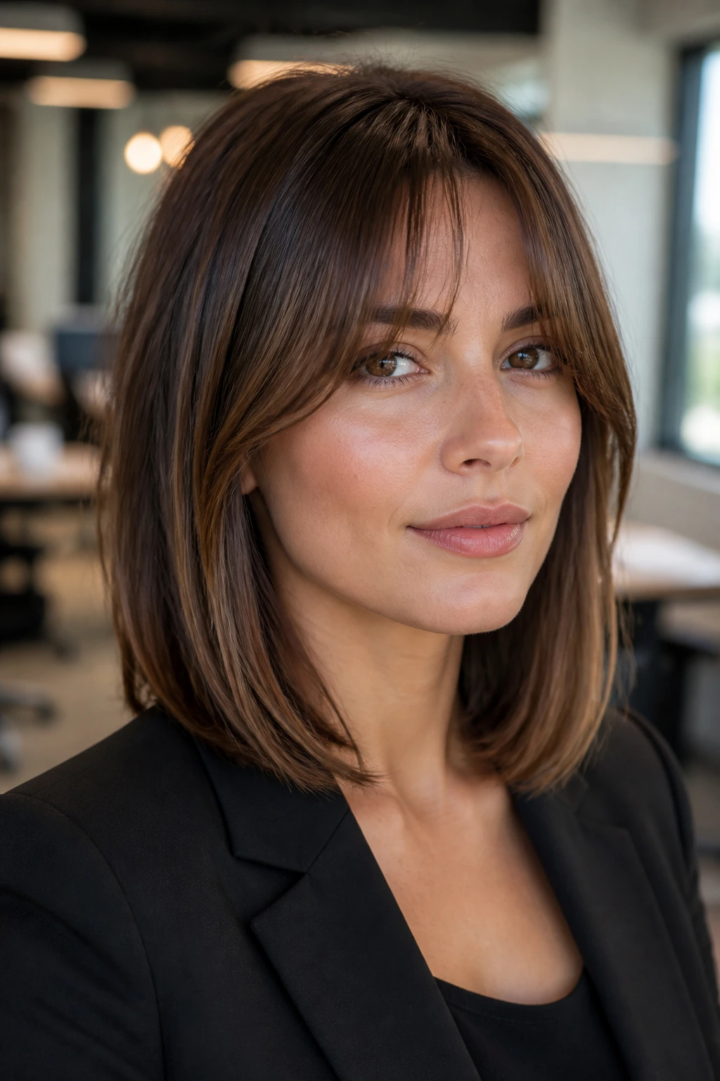 Close-up of a woman with wispy curtain bangs and sleek lob in an office setting