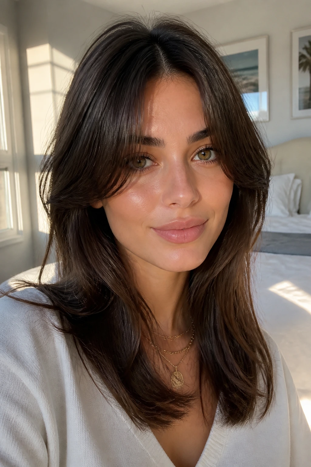 Real person with soft curtain bangs in sunlit room
