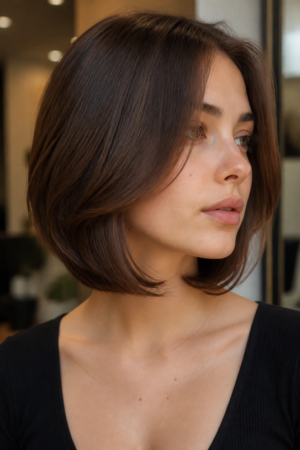 Portrait of person with soft curve C-cut framing jawline.