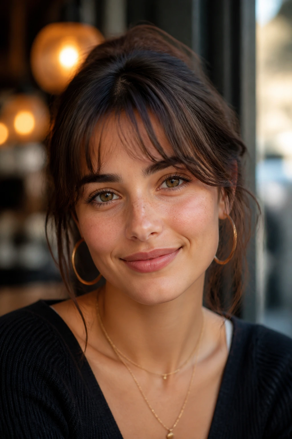 Close-up portrait of a woman with soft curved French bangs.
