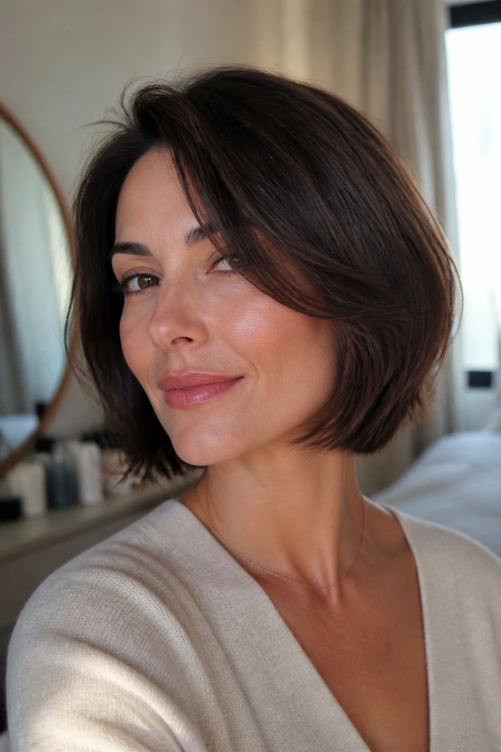 Close-up of a real woman with a soft-edge Italian bob haircut