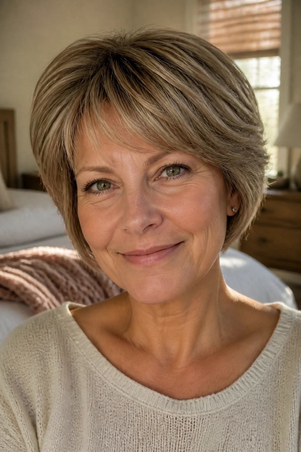 Close-up portrait of a real woman with a soft-edge wedge and rounded perimeter