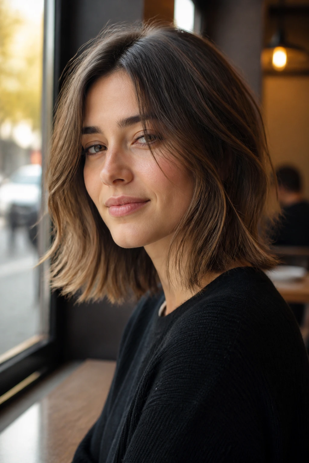 Close-up of a real woman with soft-edged lob and wispy ends in warm window light