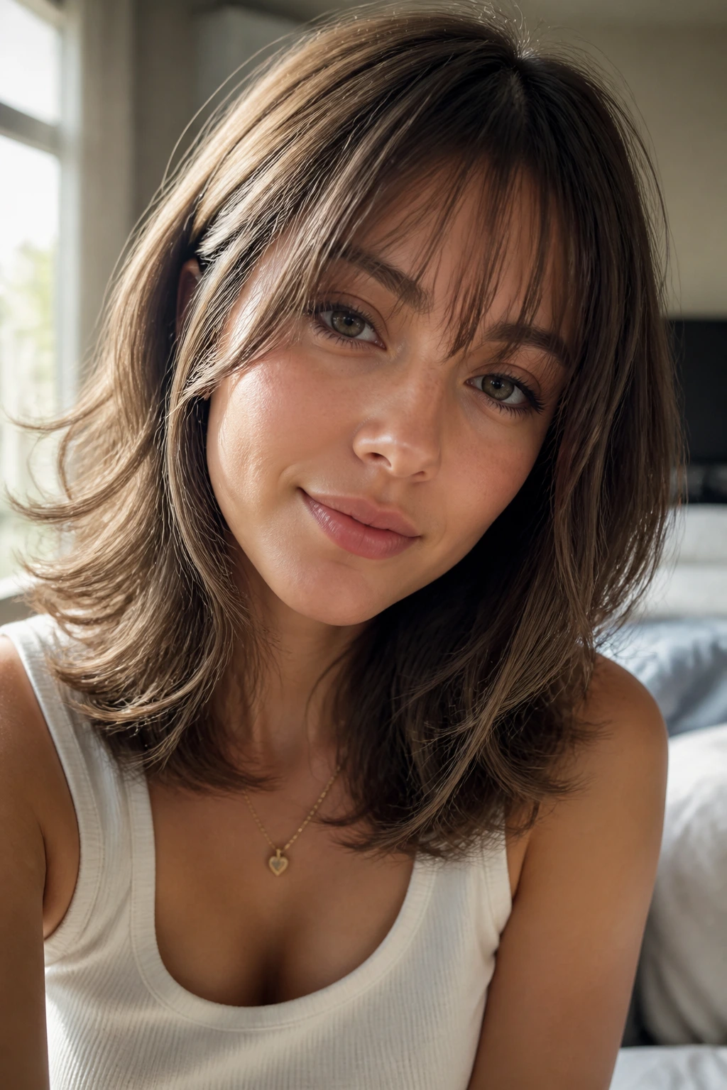 Close-up of a woman with soft feathered layers and wispy bangs in natural window light