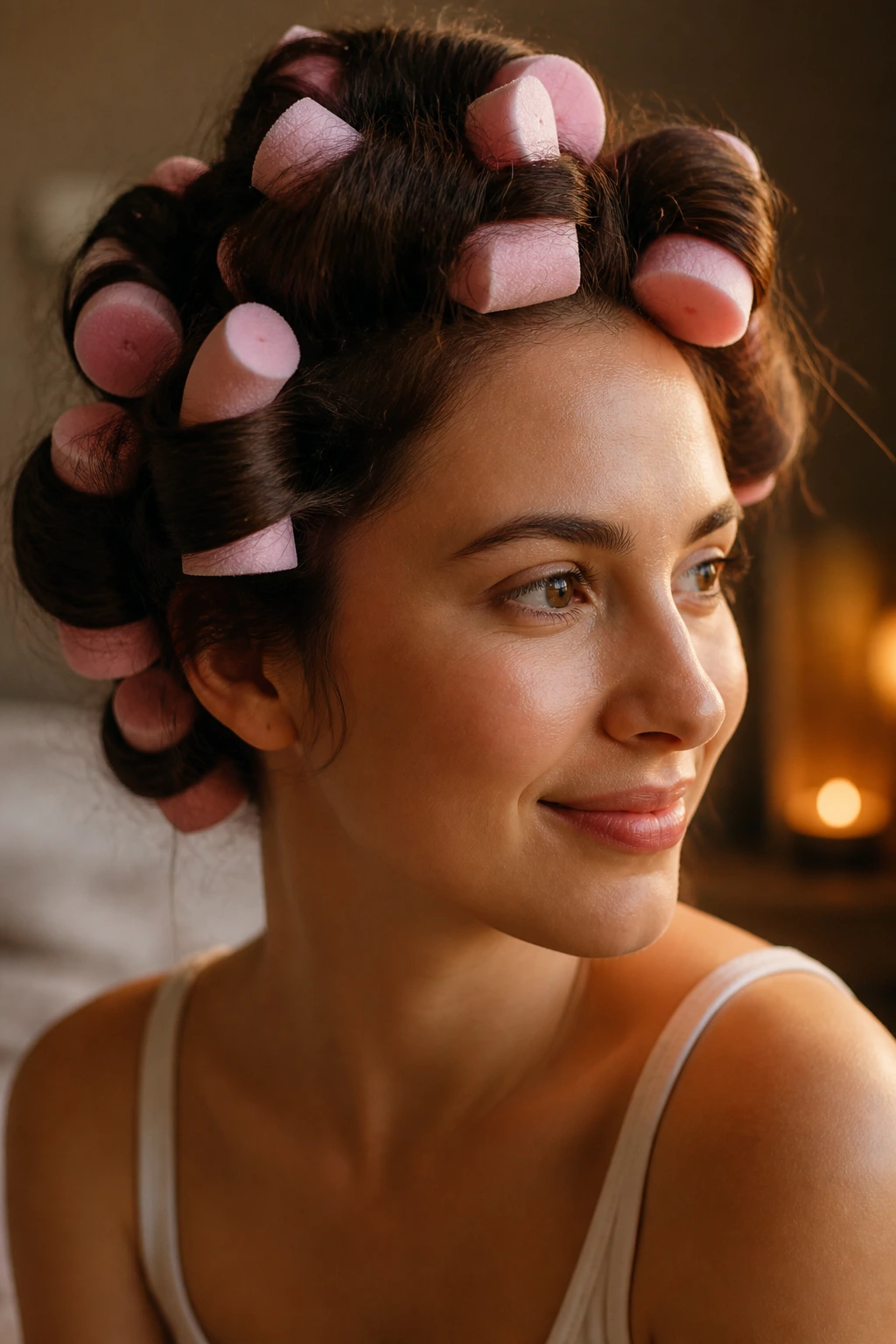 Close-up of a real person with soft foam rollers in hair in a warm bedroom