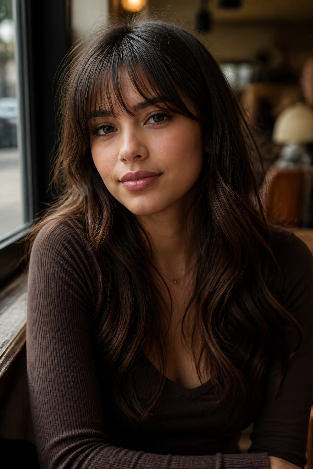 Close-up of a real woman with soft wispy fringe at the eyebrows