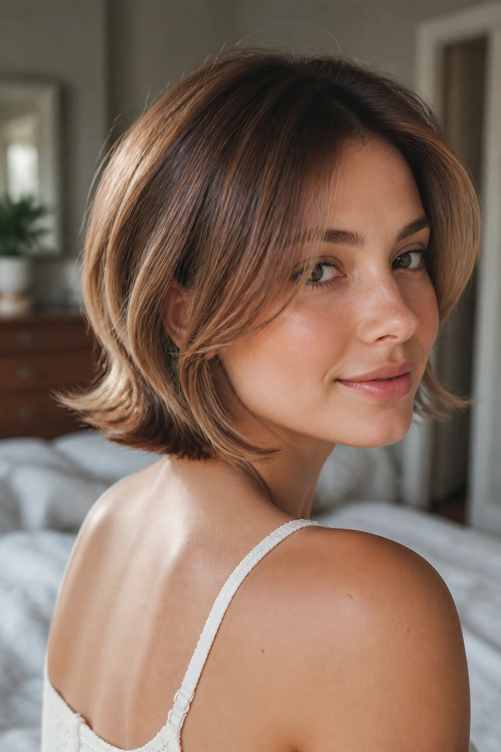 Close-up of a real person with soft graduated bob showing blended back and longer front ends outdoors