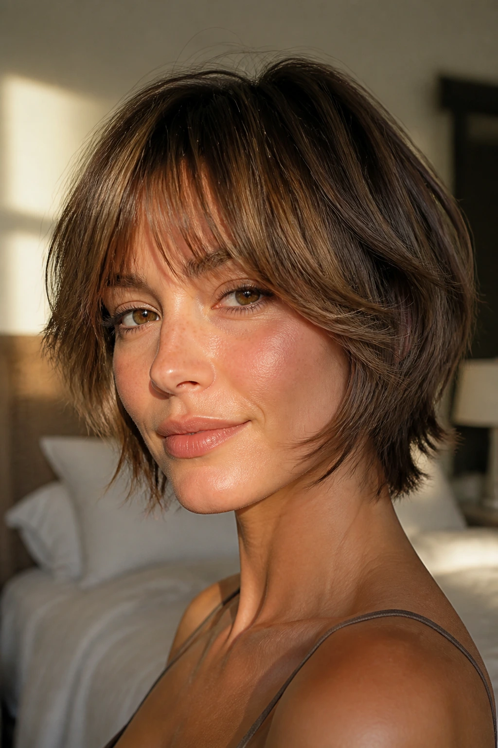 Close-up of a woman with a soft graduation shag framing her cheekbones in warm bedroom light