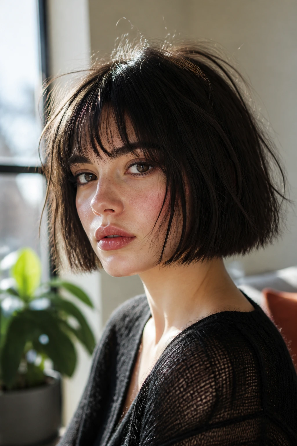 Close-up of a real woman with a soft-grunge blunt bob featuring textured interior layers