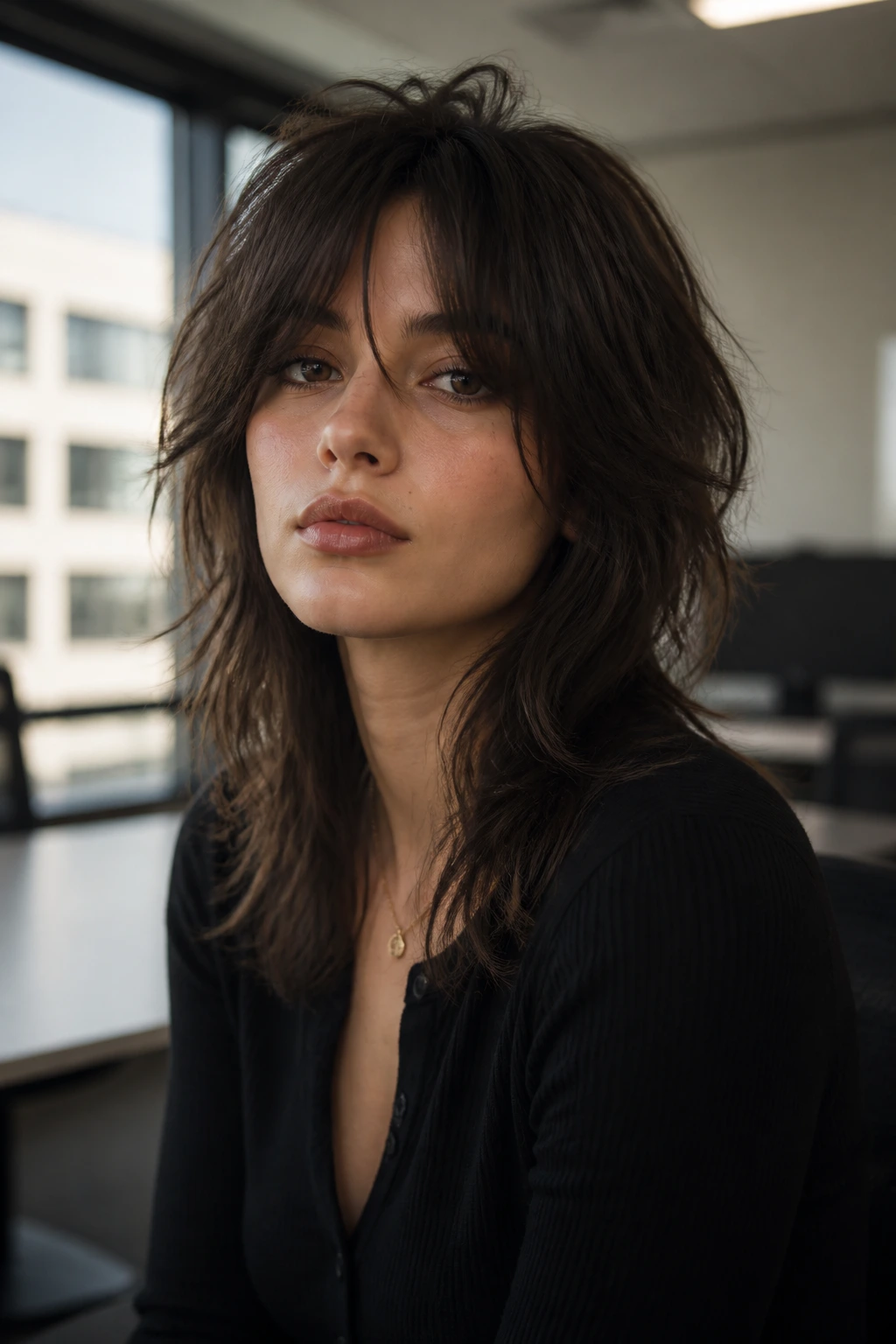 Portrait of a woman with soft grunge shag hairstyle in an office setting.