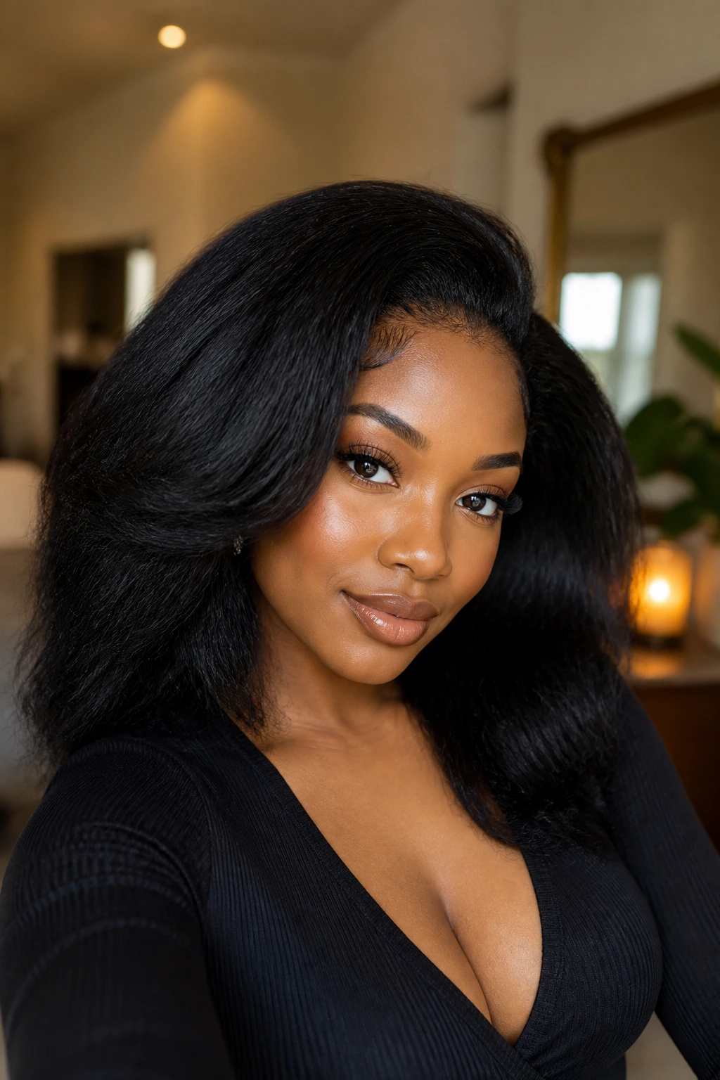 Close-up of a real woman wearing a soft kinky edge blowout wig in natural black.