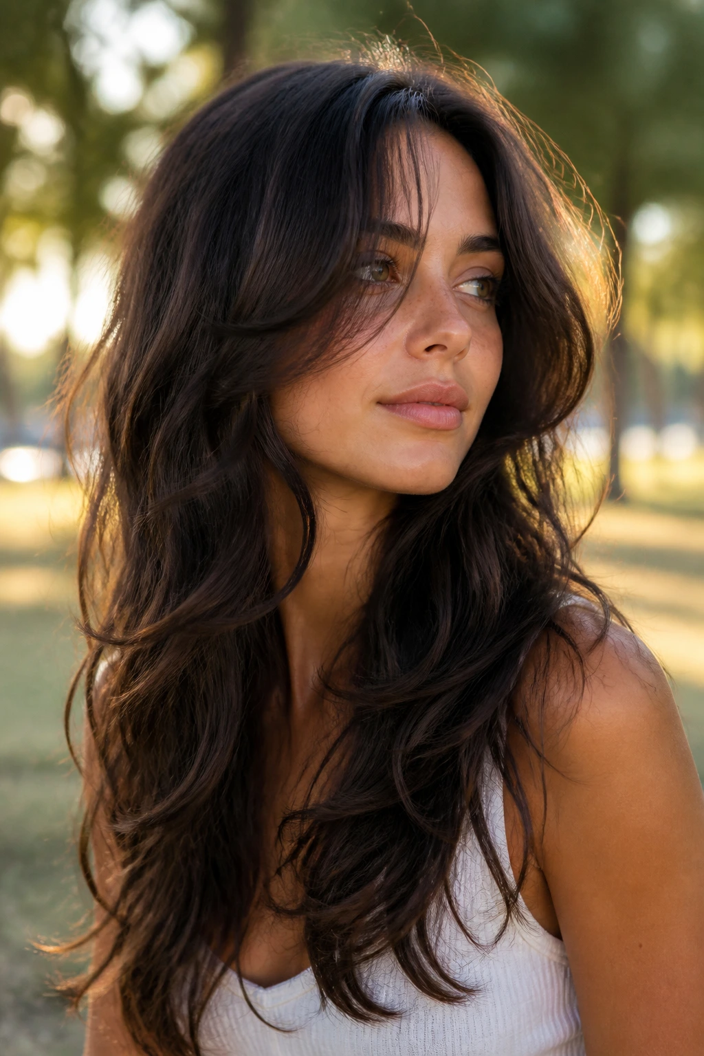 Close-up portrait of a real woman with soft-layer butterfly cut on wavy hair
